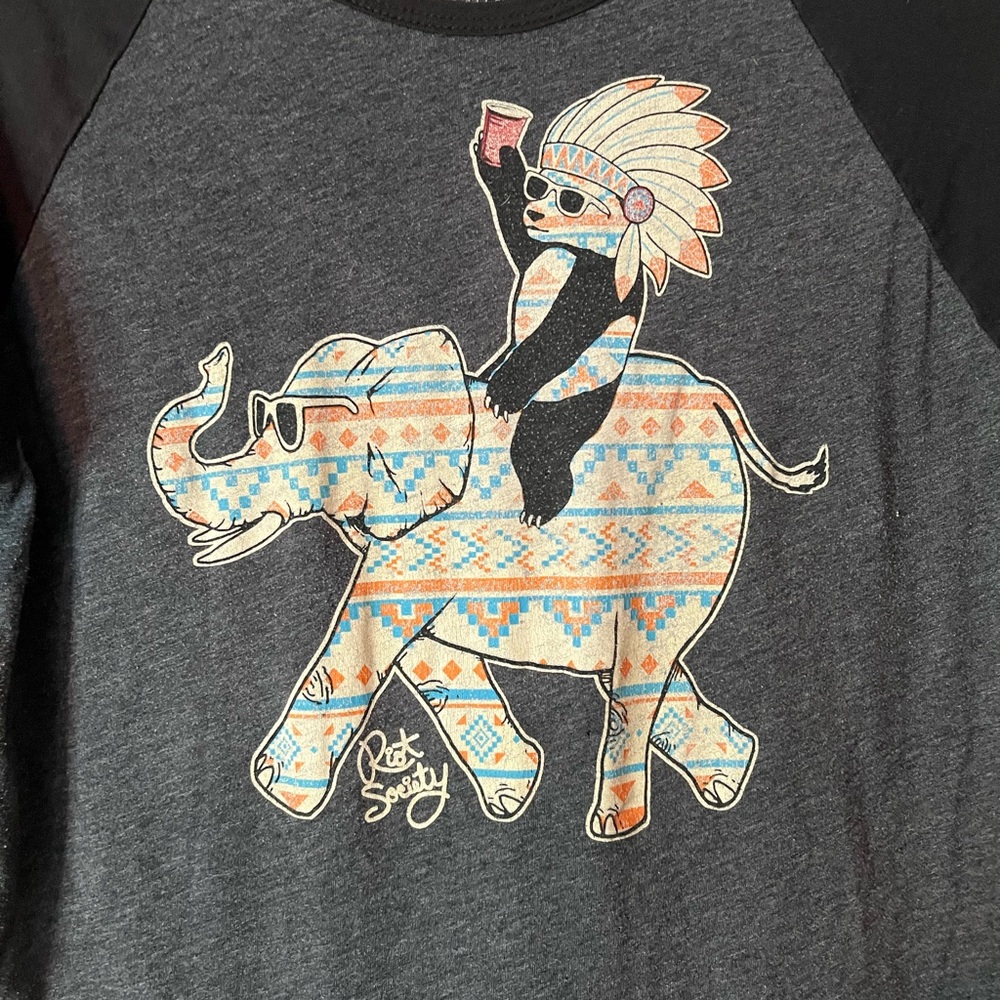 Riot Society Black and Gray 3/4 Sleeve Tee with Elephant Graphic - Picture 2 of 4